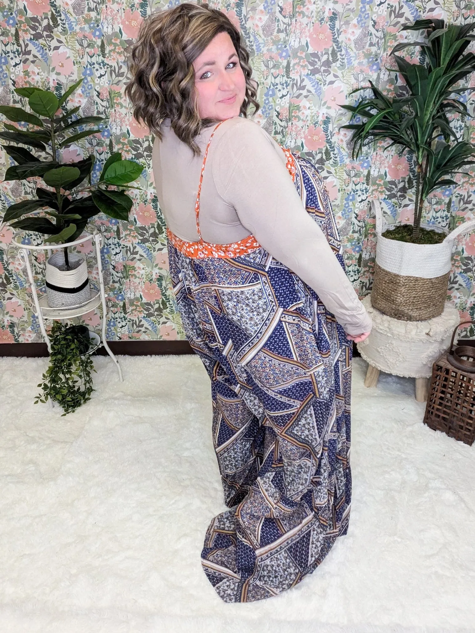 Kori Floral Scarf Print WideLeg Jumpsuit in Navy   Copper
