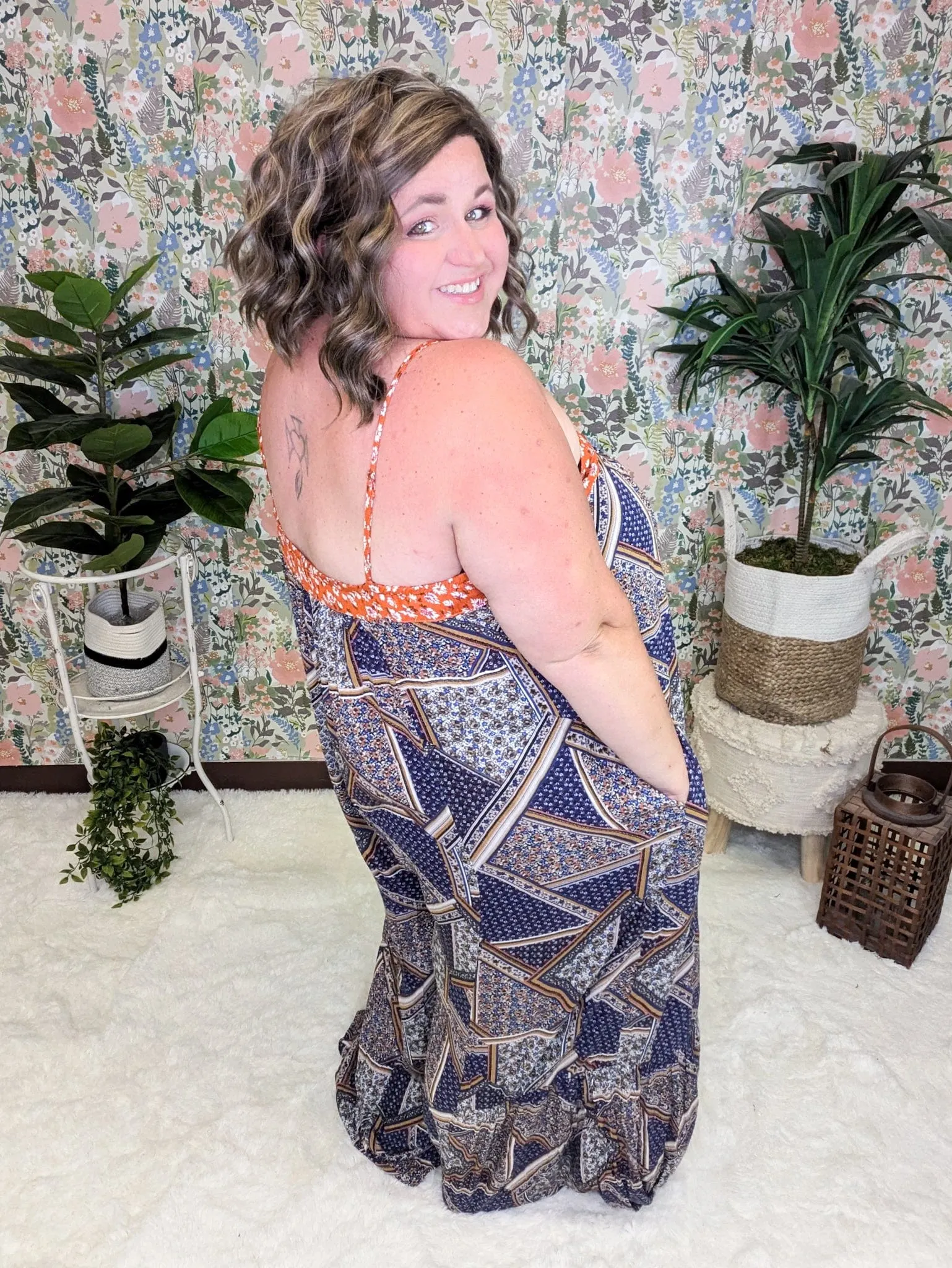 Kori Floral Scarf Print WideLeg Jumpsuit in Navy   Copper