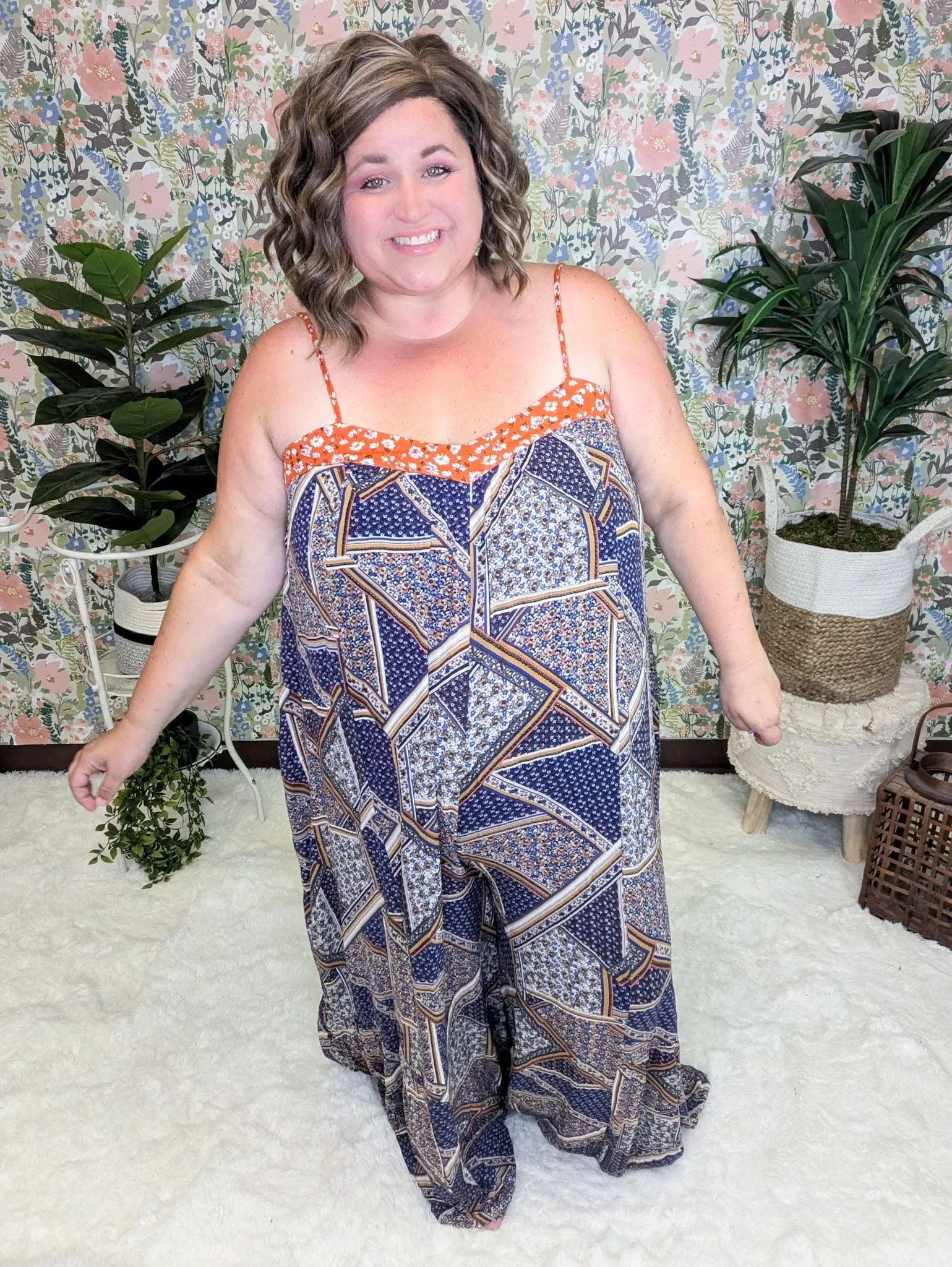 Kori Floral Scarf Print WideLeg Jumpsuit in Navy   Copper