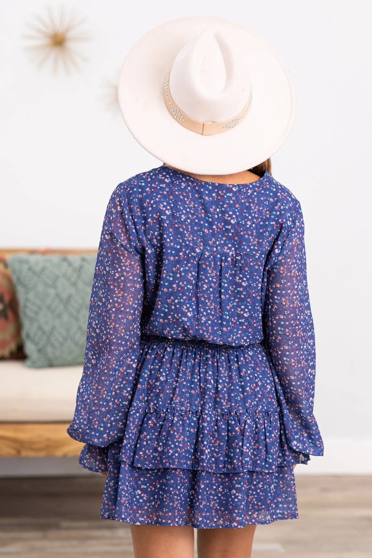 Light Navy Ditsy Floral Smocked Waist Dress