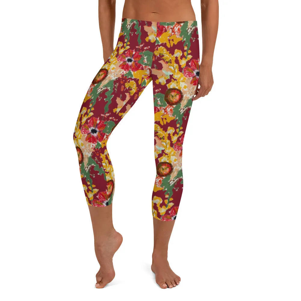 Maroon Hawaiian Capri Leggings