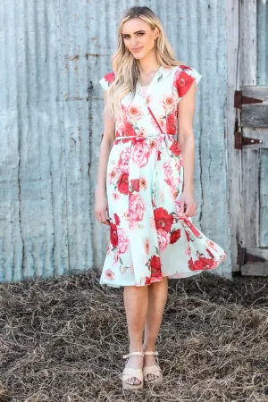 Mint and Pink Floral Print Tie Waist Dress