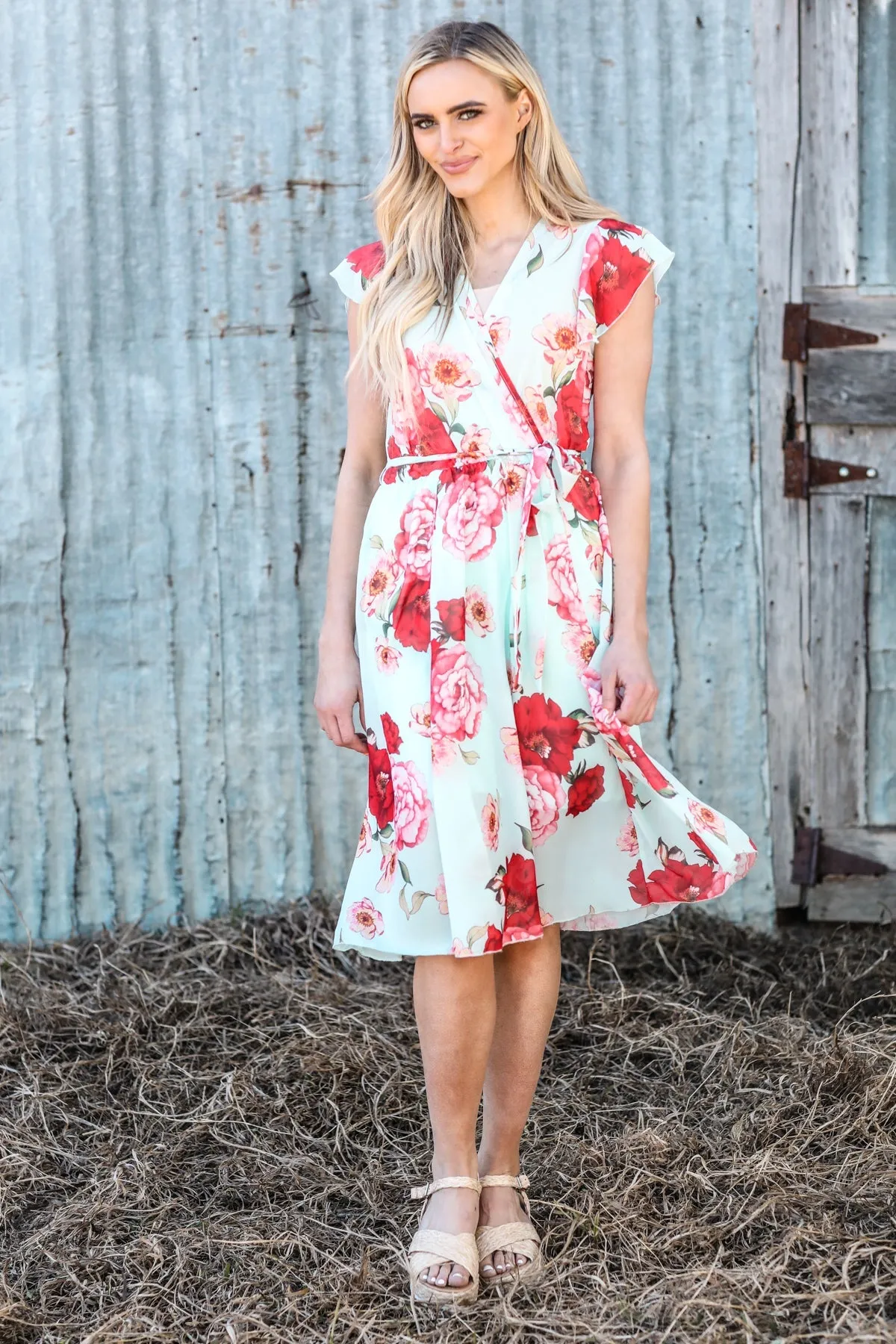 Mint and Pink Floral Print Tie Waist Dress