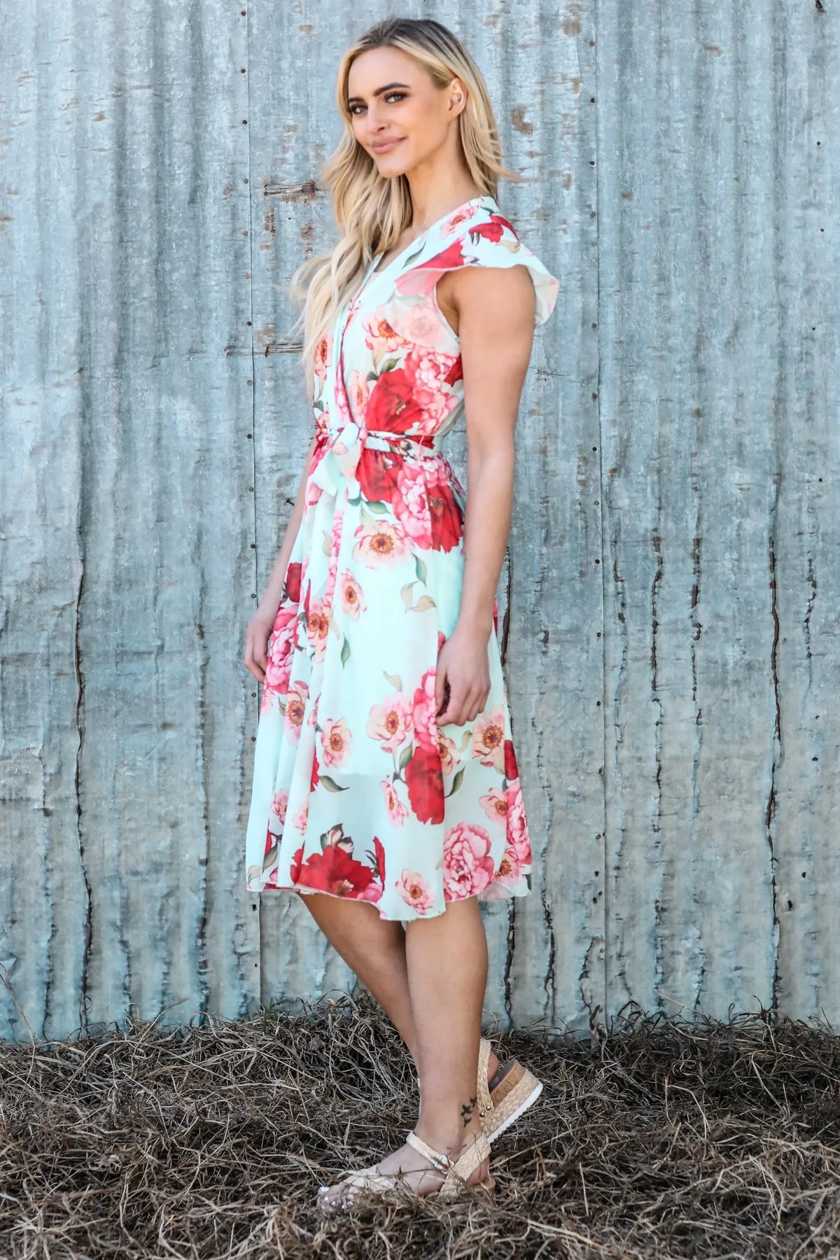 Mint and Pink Floral Print Tie Waist Dress