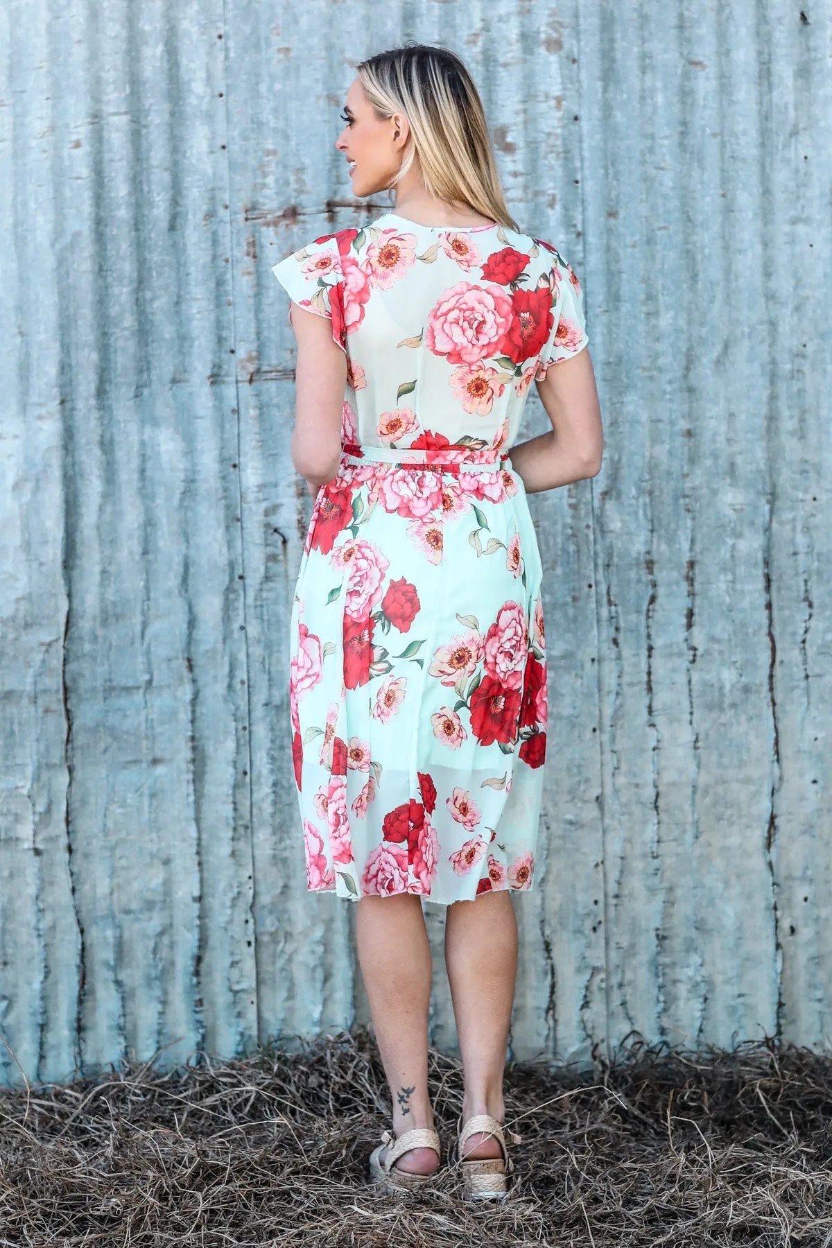Mint and Pink Floral Print Tie Waist Dress
