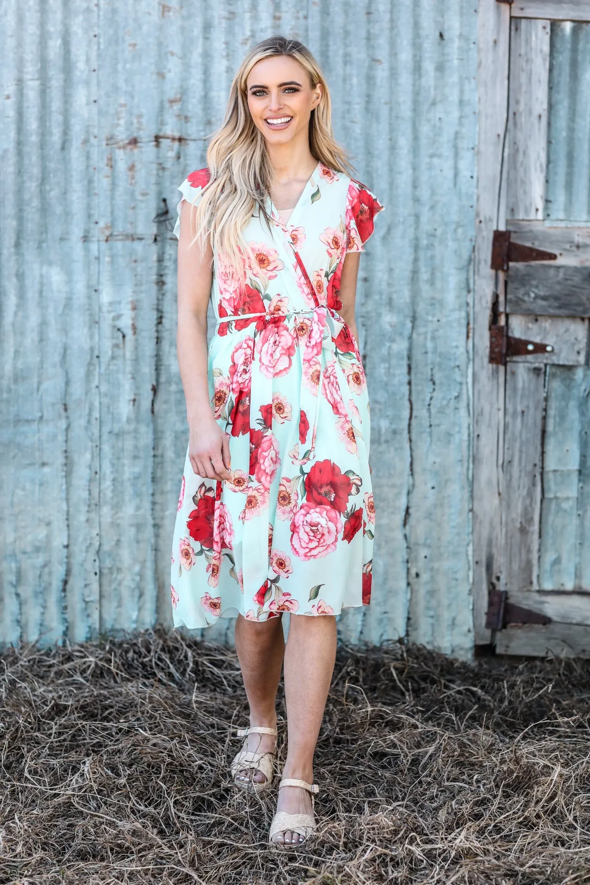Mint and Pink Floral Print Tie Waist Dress