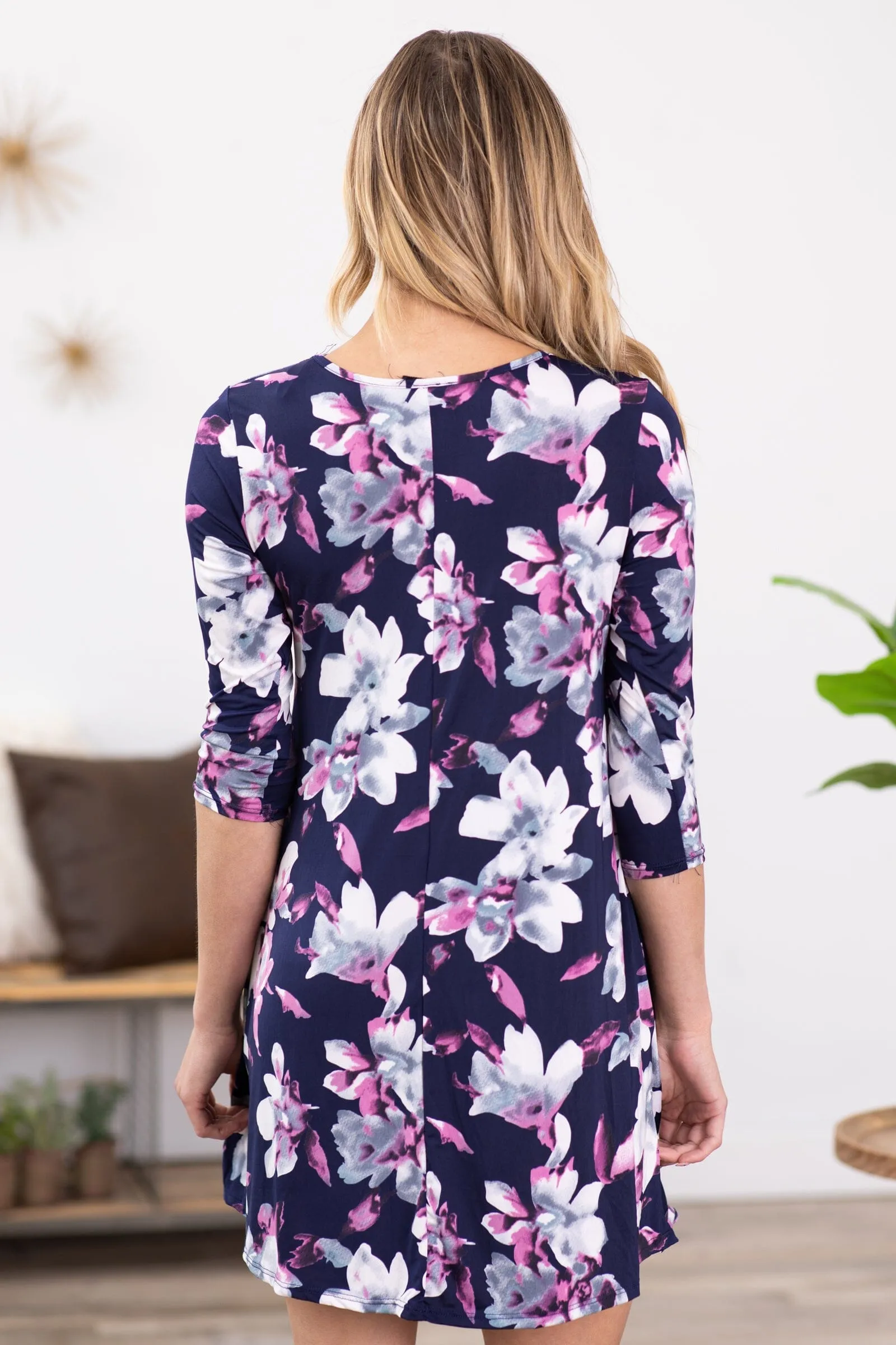 Navy and Orchid Floral Dress With Pockets