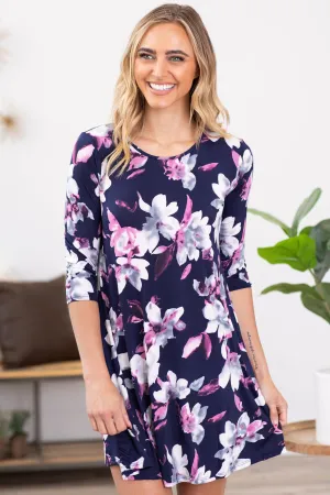 Navy and Orchid Floral Dress With Pockets