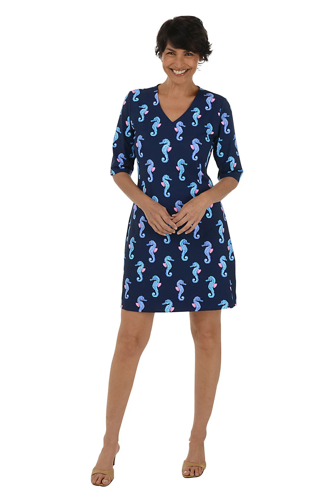 Navy Seahorses V-Neck UPF50  Dress