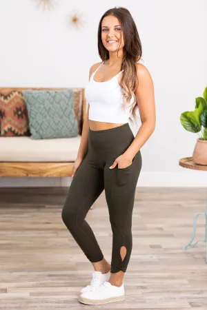 Olive Cropped Leggings With Side Twist Detail