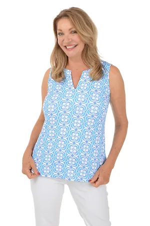 Periwinkle Optical Daisy UPF50  Split Neck Sleeveless Top