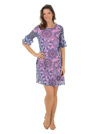 Pink Medallion Mesh Ruffle Sleeve Dress