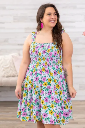 Pink Multicolor Floral Smocked Bodice Dress