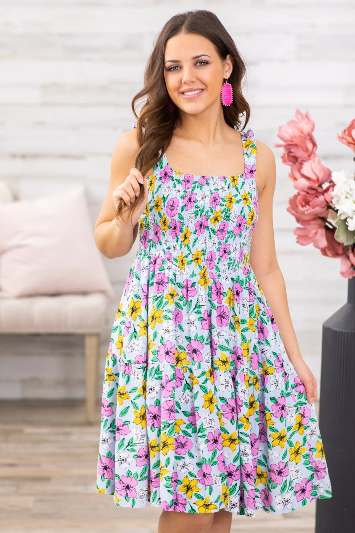 Pink Multicolor Floral Smocked Bodice Dress
