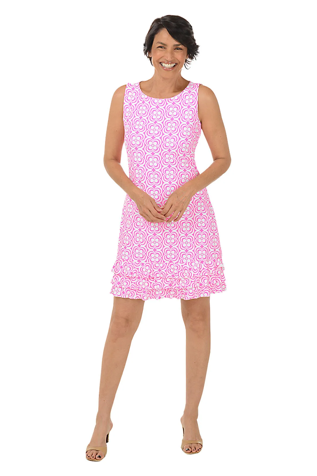 Pink Optical Daisy UPF50  Ruffle Dress