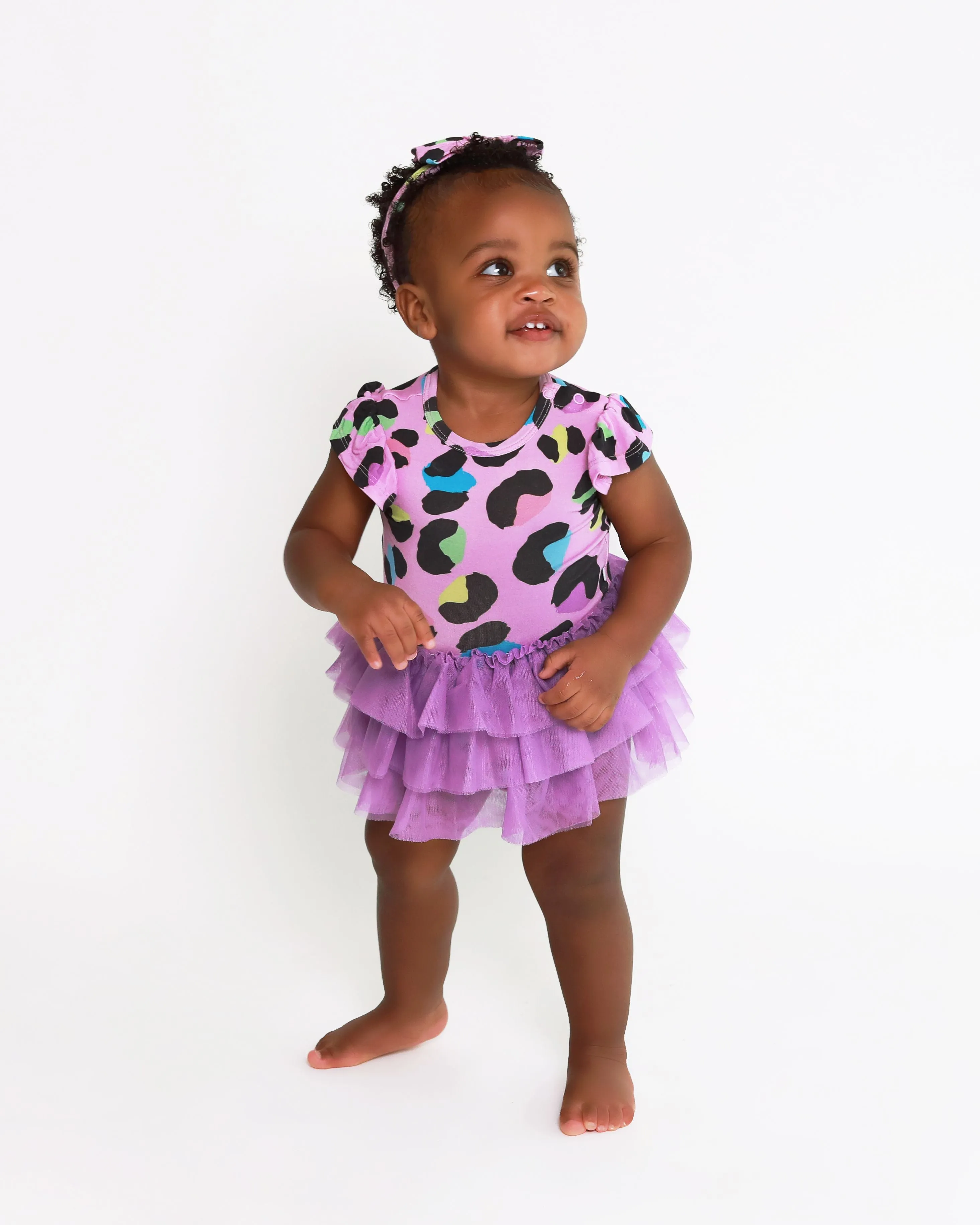 Posh Peanut- Electric Leopard  Ruffled Cap sleeve Tulle Skirt Bodysuit