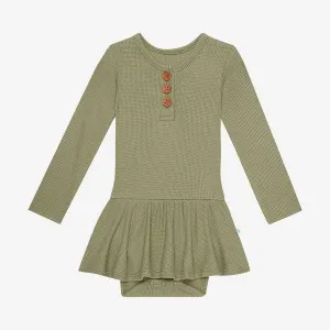 Posh Peanut Olive Waffle Long Sleeve Henley Twirl Skirt Bodysuit