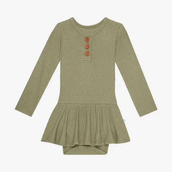 Posh Peanut Olive Waffle Long Sleeve Henley Twirl Skirt Bodysuit
