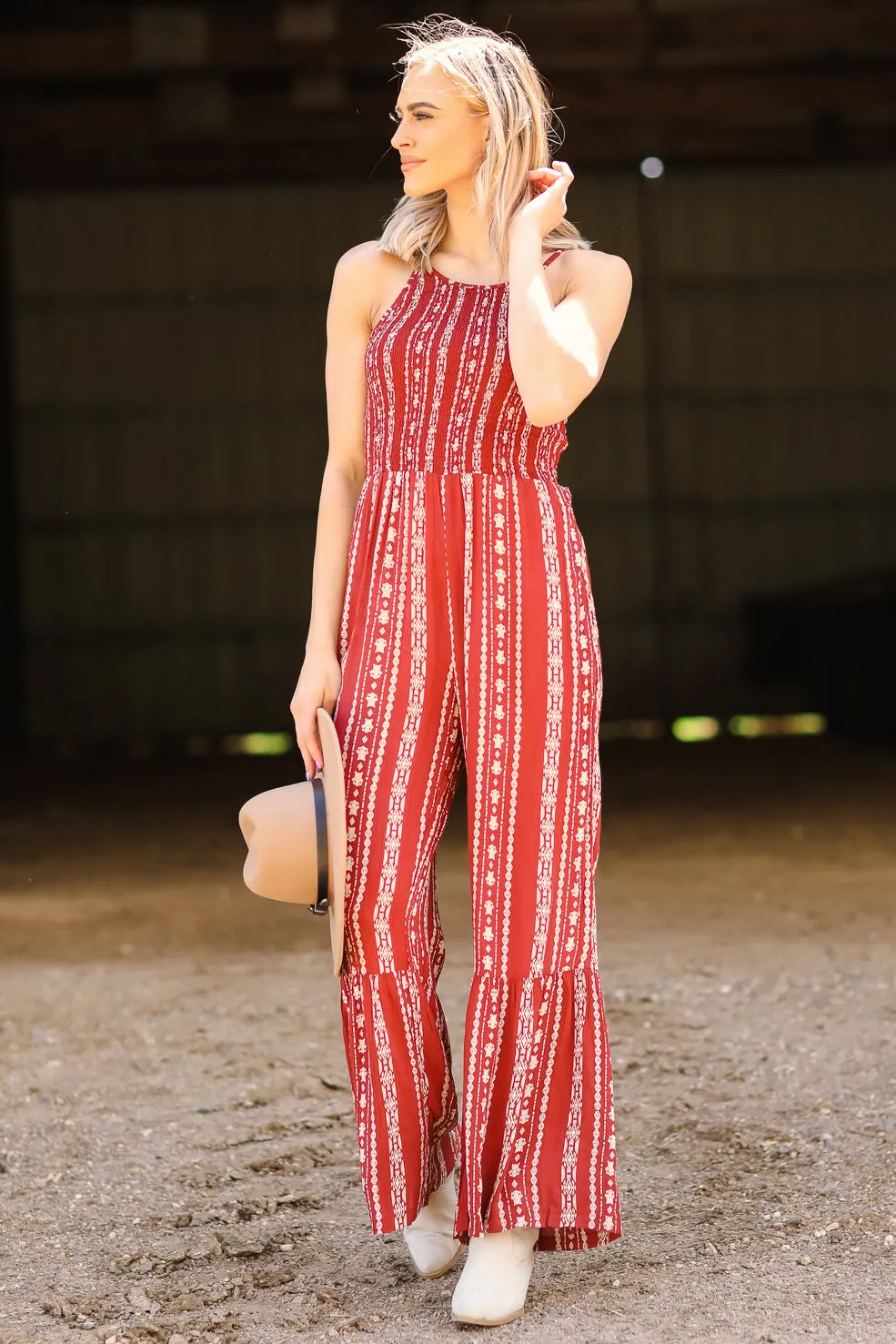 Rust Aztec Print Wide Leg Jumpsuit
