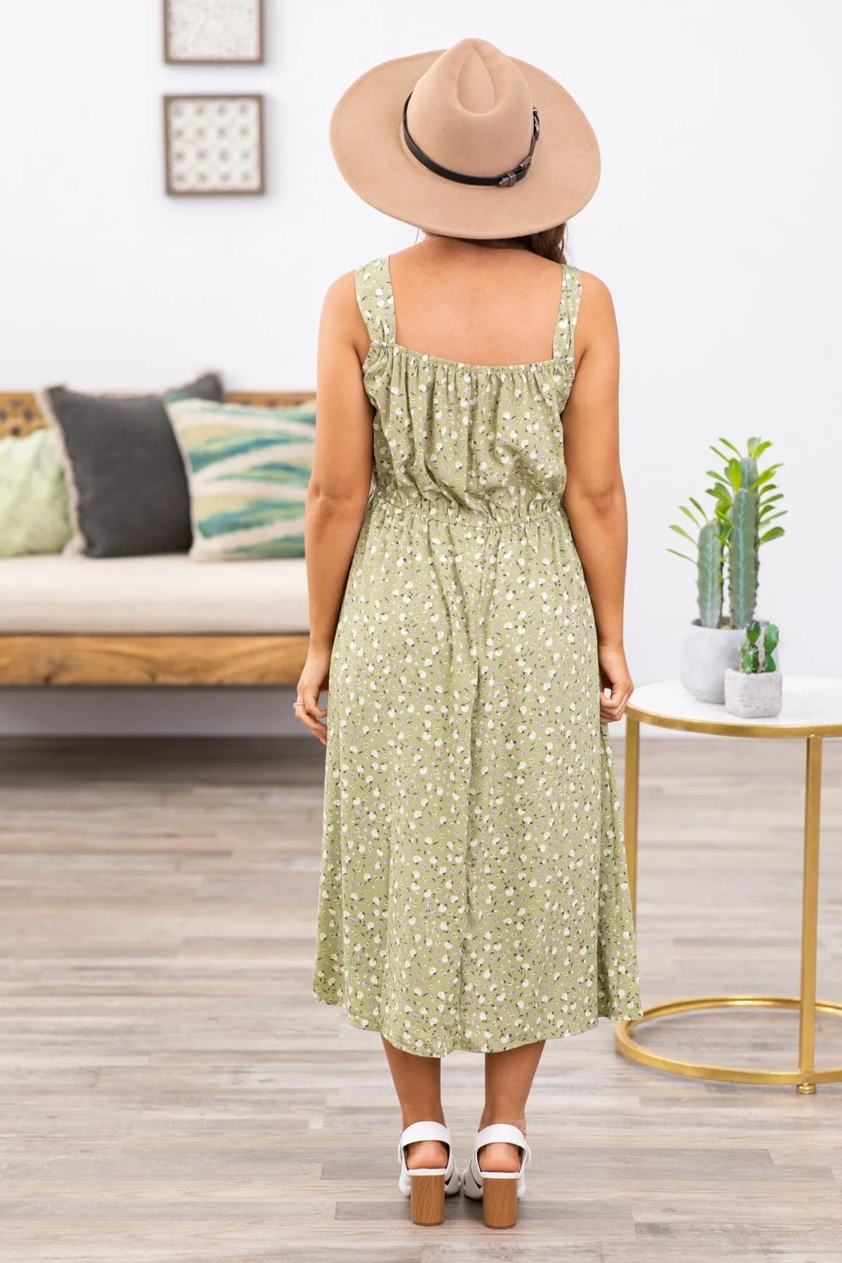 Sage Ditsy Floral Tie Bodice Detail Dress
