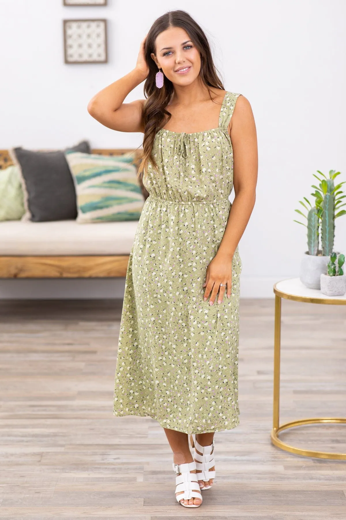 Sage Ditsy Floral Tie Bodice Detail Dress