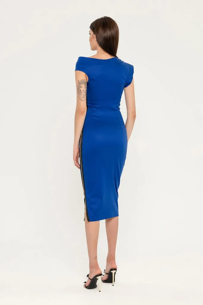Sapphire Office Fitted Asymmetric Boatneck Sleeveless Below Knee Dress