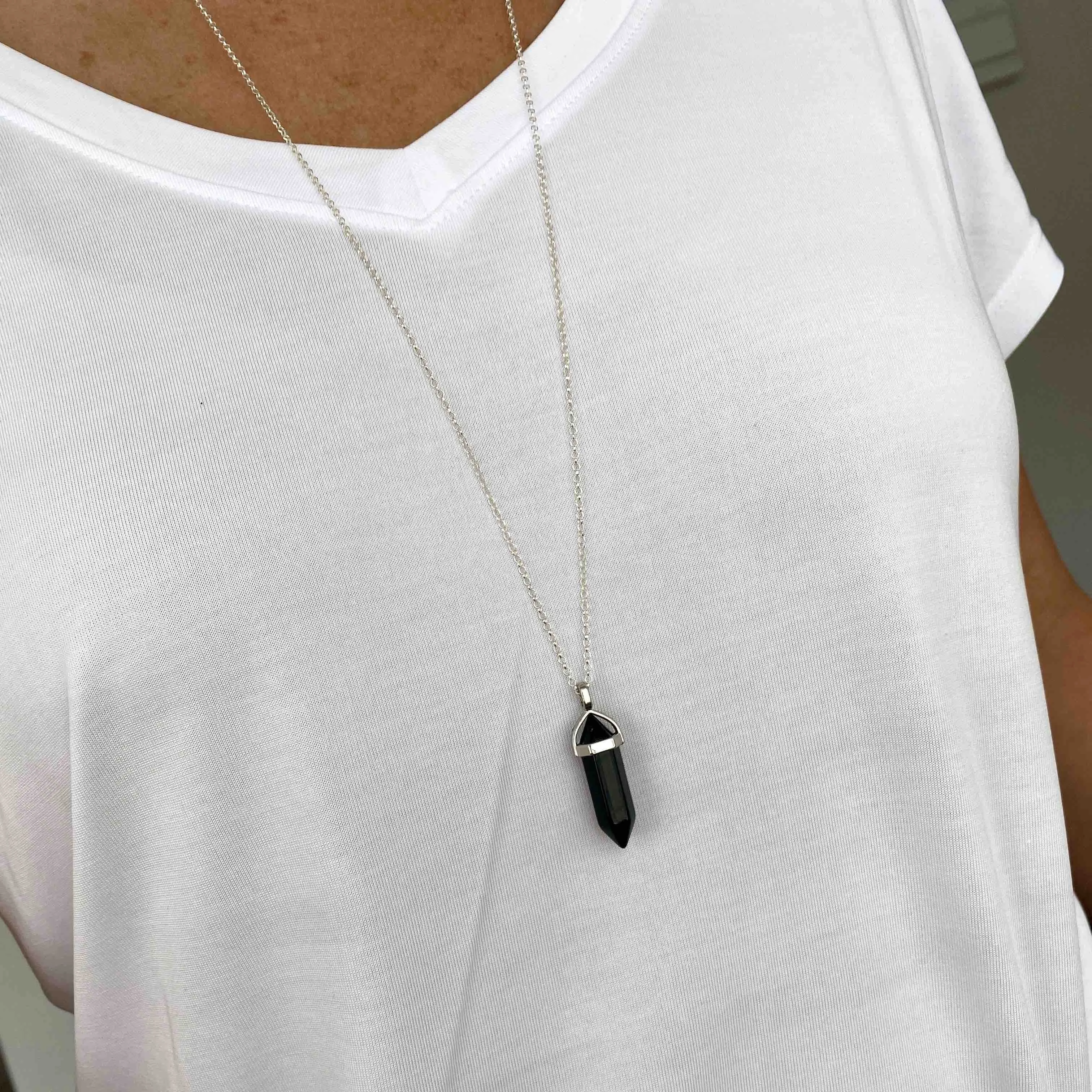 STRENGTH | Crystal Black Onyx Point Necklace Sterling Silver