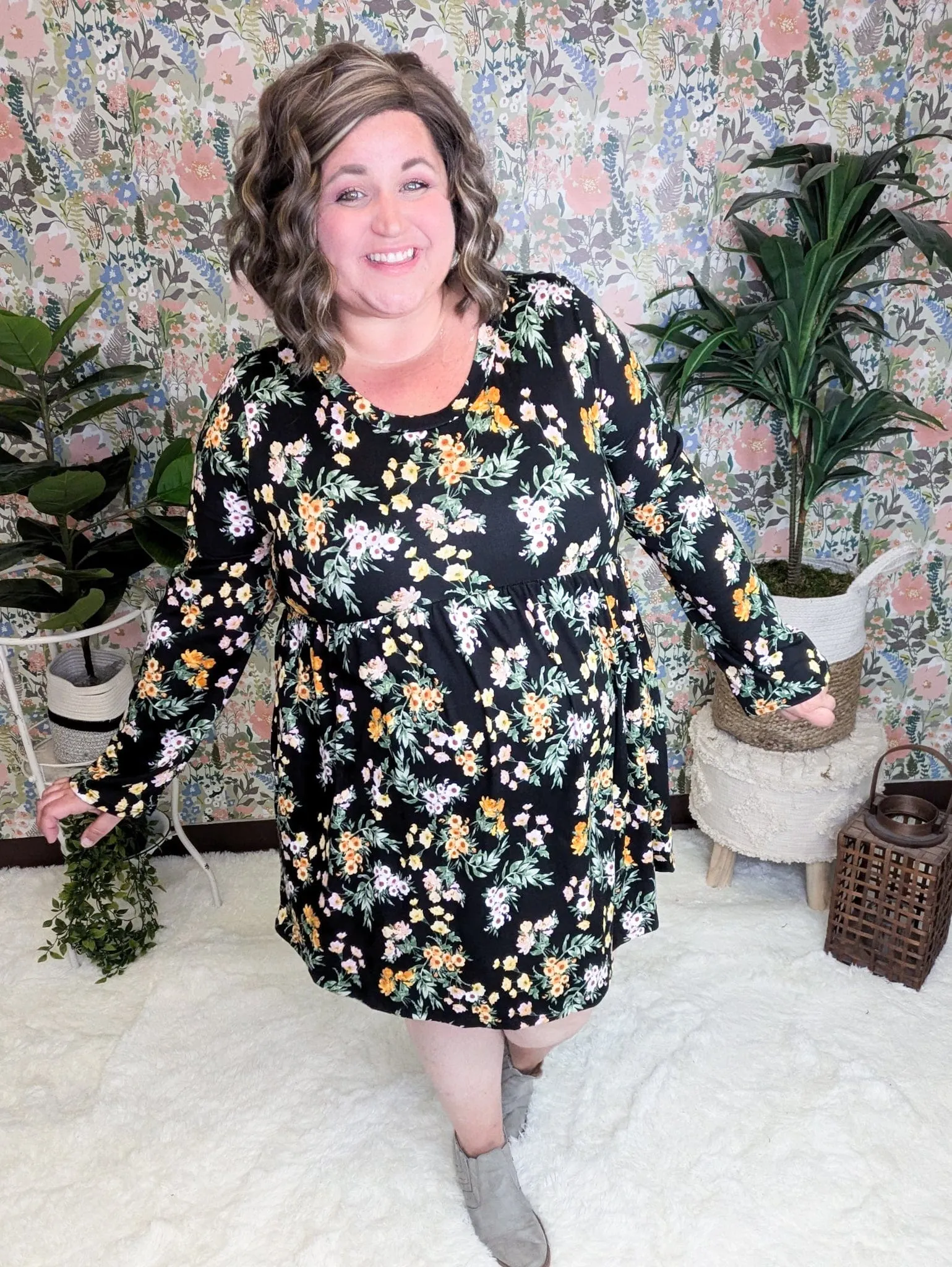 Susanna Babydoll Dress in Black Wildflower