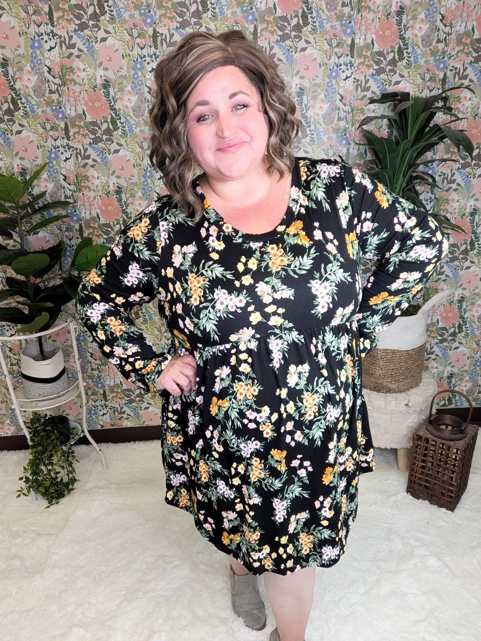 Susanna Babydoll Dress in Black Wildflower