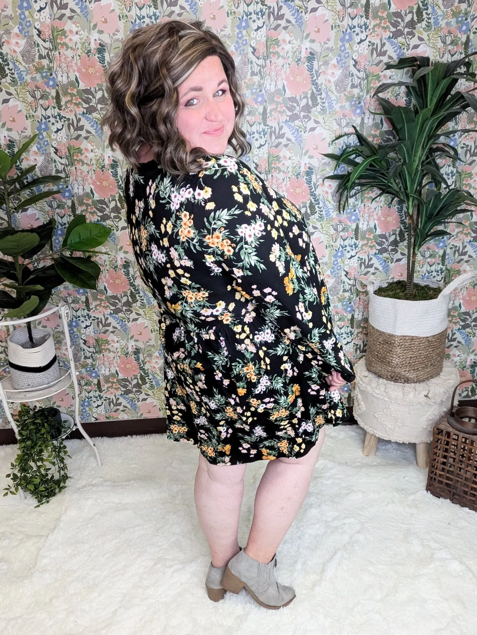 Susanna Babydoll Dress in Black Wildflower