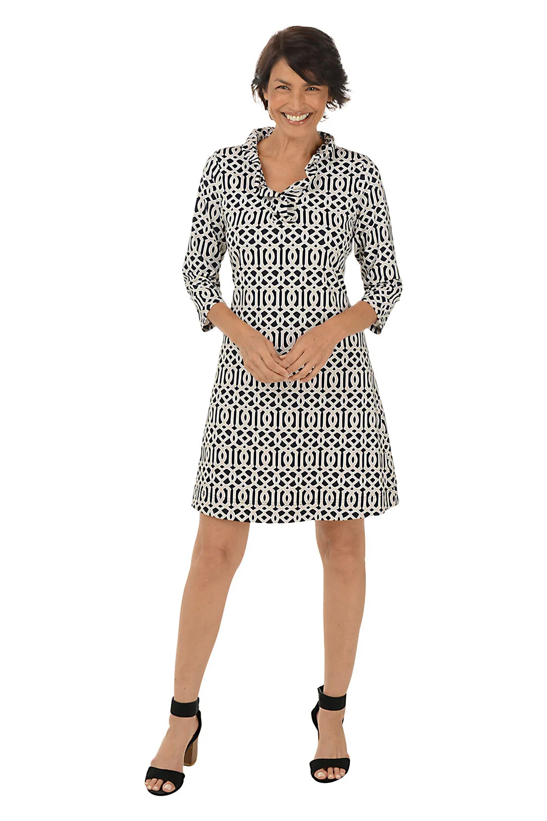Tan Lattice UPF50  Ruffle Neck Travel Dress
