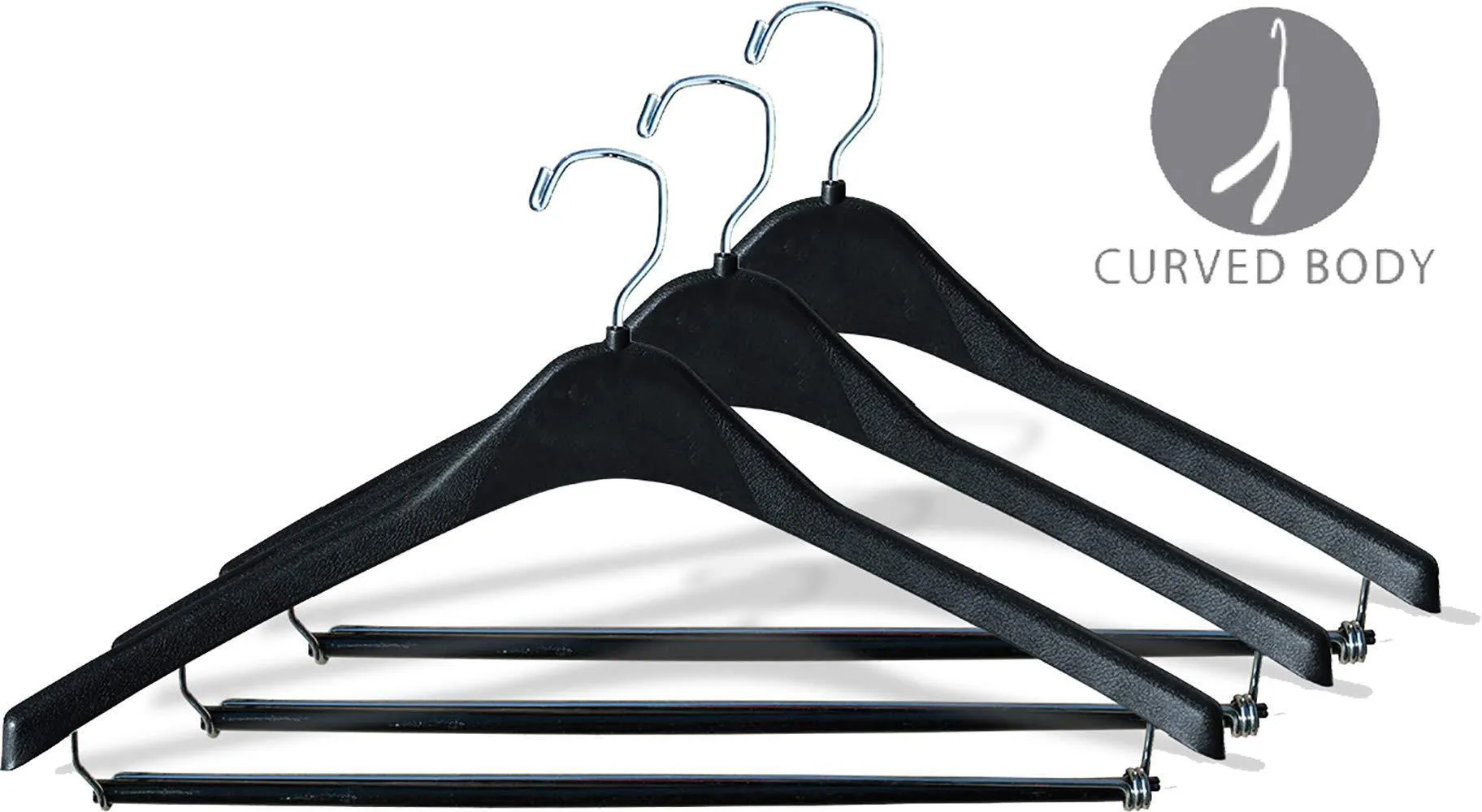 The Great American Hanger Company Heavy-Duty Black Plastic Suit Hanger with Locking Wooden Pant Bar, (Box of 100) 1/2 Inch Thick Curved Hangers for Uniforms and Coats