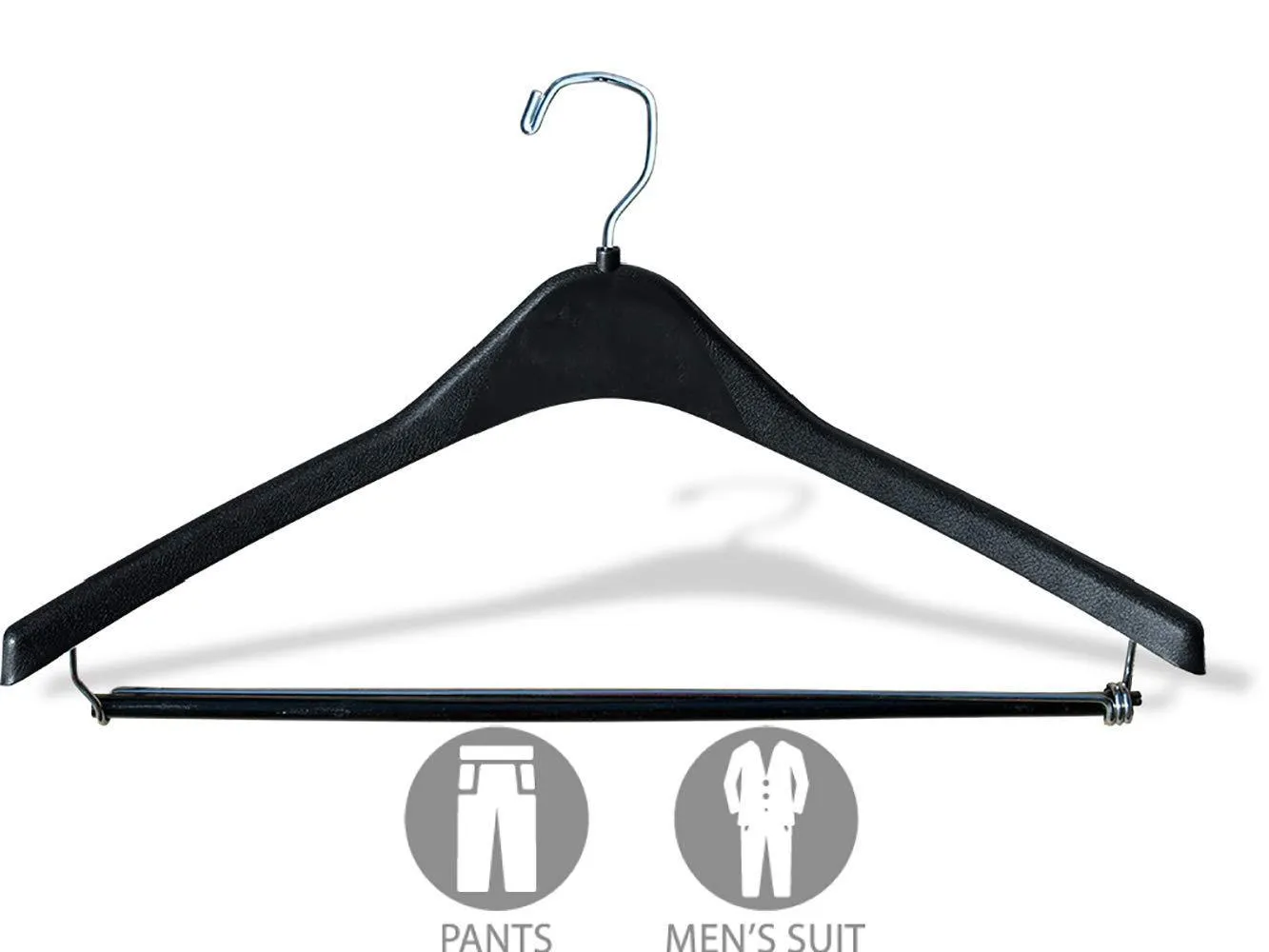 The Great American Hanger Company Heavy-Duty Black Plastic Suit Hanger with Locking Wooden Pant Bar, (Box of 100) 1/2 Inch Thick Curved Hangers for Uniforms and Coats