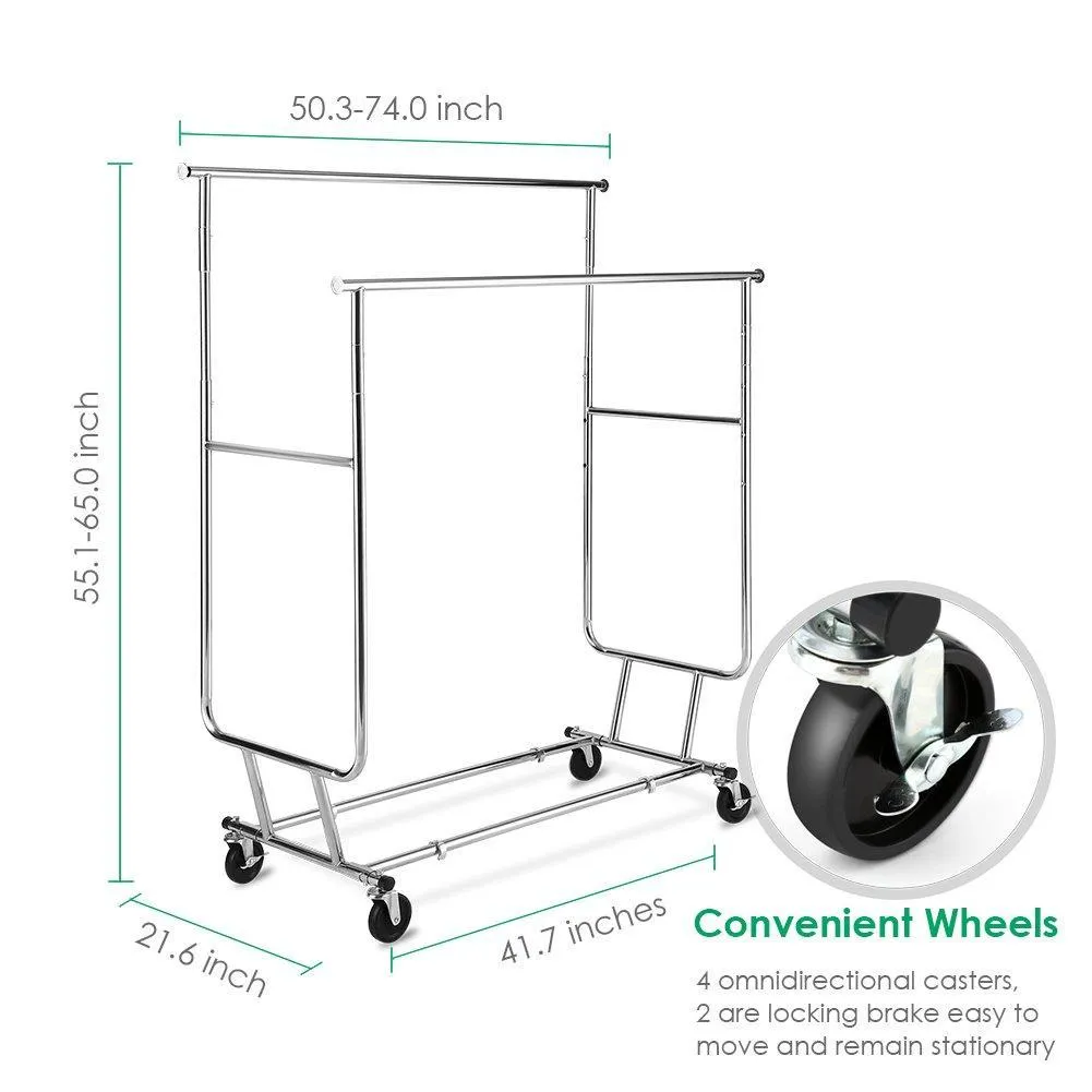 TomCare Garment Rack Double Clothes Racks Ajustable Clothing Rack Extensible Clothes Hanging Rack Commercial Grade Garment Rolling Racks for Hanging Heavy Duty Stainless Steel Garment Rack on Wheels