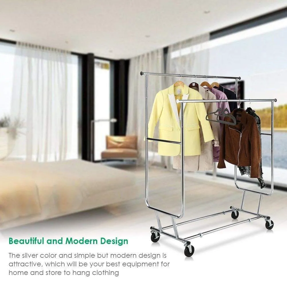 TomCare Garment Rack Double Clothes Racks Ajustable Clothing Rack Extensible Clothes Hanging Rack Commercial Grade Garment Rolling Racks for Hanging Heavy Duty Stainless Steel Garment Rack on Wheels