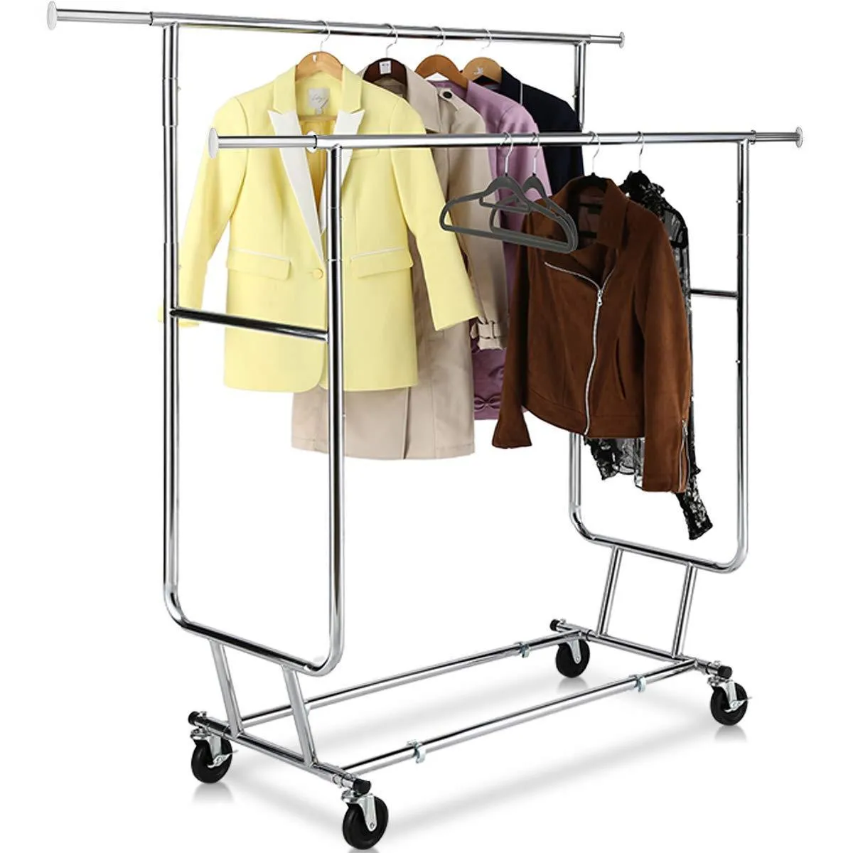 TomCare Garment Rack Double Clothes Racks Ajustable Clothing Rack Extensible Clothes Hanging Rack Commercial Grade Garment Rolling Racks for Hanging Heavy Duty Stainless Steel Garment Rack on Wheels