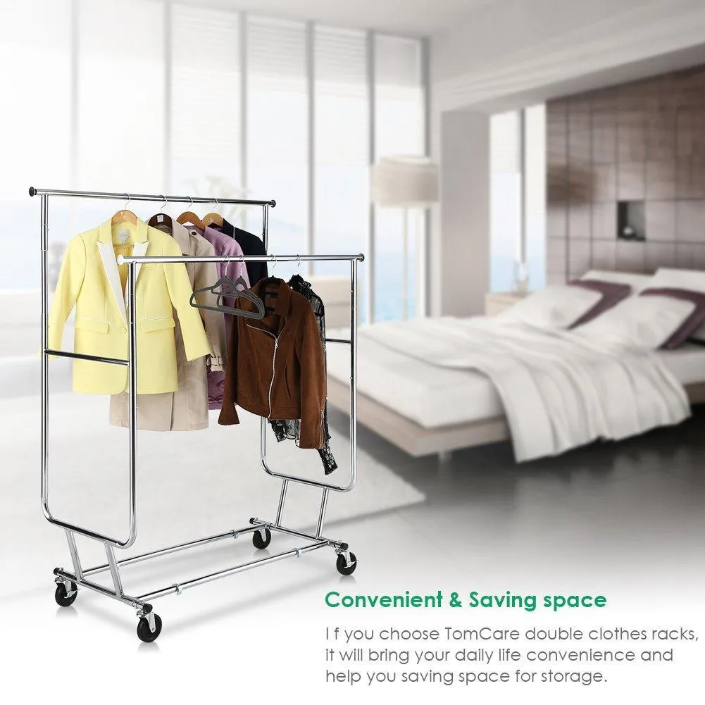 TomCare Garment Rack Double Clothes Racks Ajustable Clothing Rack Extensible Clothes Hanging Rack Commercial Grade Garment Rolling Racks for Hanging Heavy Duty Stainless Steel Garment Rack on Wheels