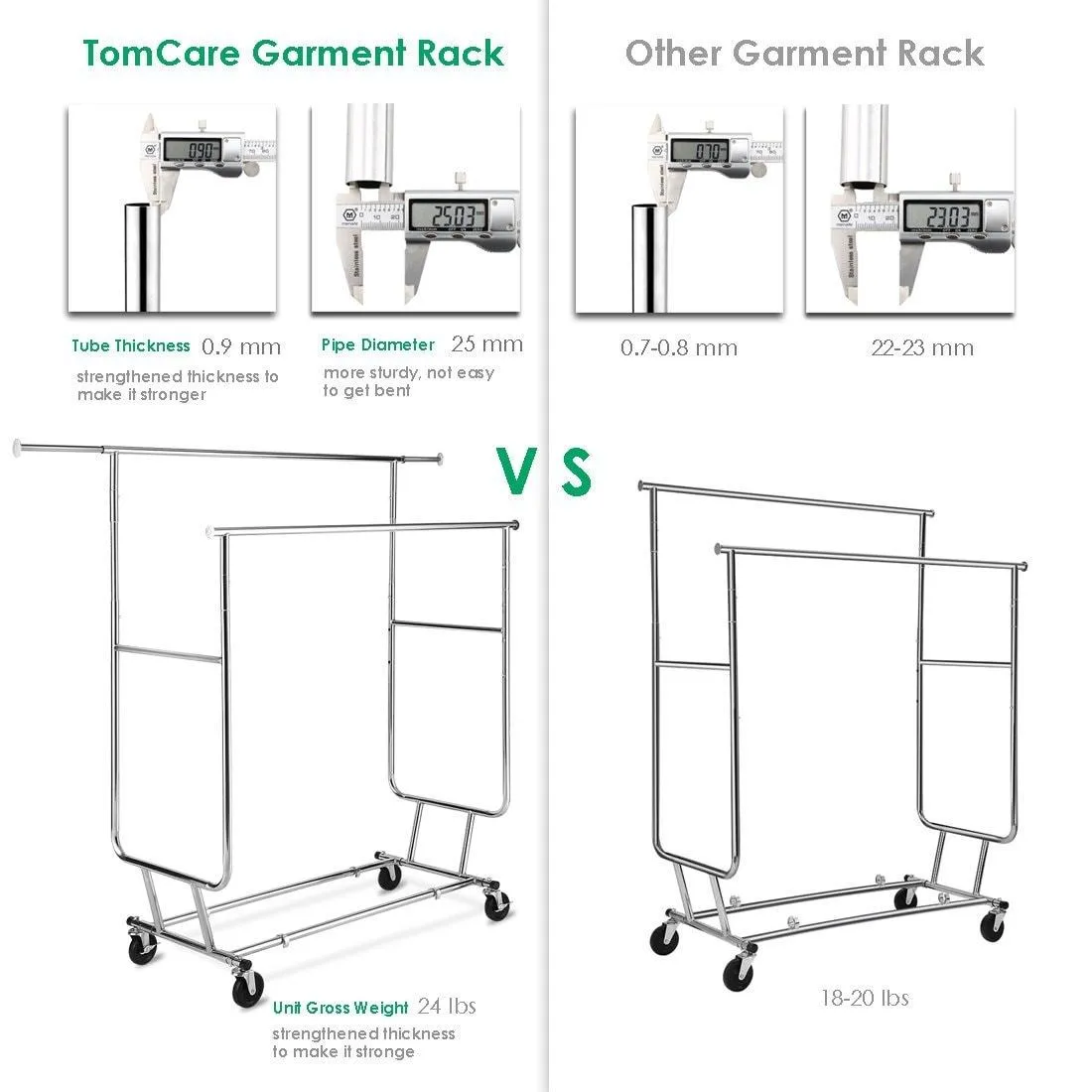 TomCare Garment Rack Double Clothes Racks Ajustable Clothing Rack Extensible Clothes Hanging Rack Commercial Grade Garment Rolling Racks for Hanging Heavy Duty Stainless Steel Garment Rack on Wheels