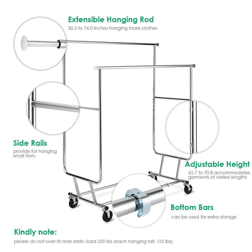 TomCare Garment Rack Double Clothes Racks Ajustable Clothing Rack Extensible Clothes Hanging Rack Commercial Grade Garment Rolling Racks for Hanging Heavy Duty Stainless Steel Garment Rack on Wheels