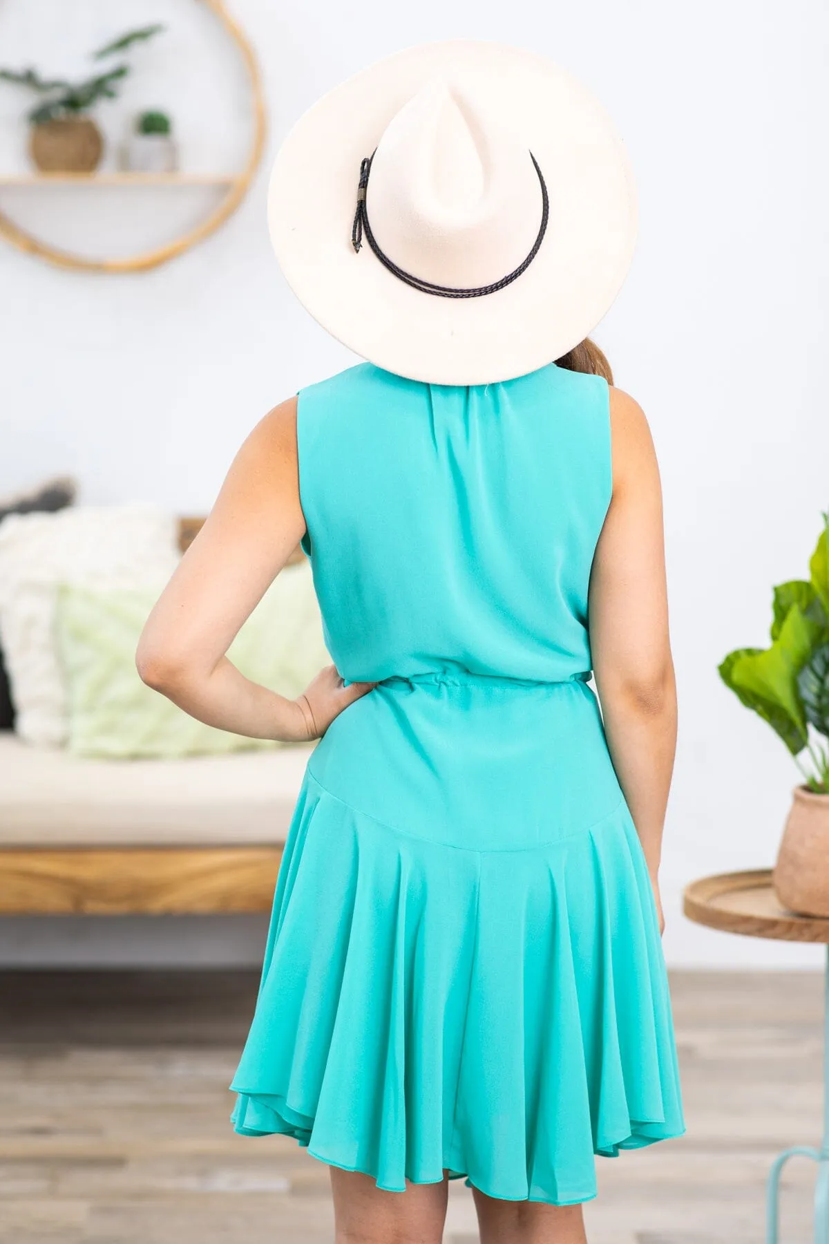 Turquoise V-Neck Self Tie Godet Skirt Dress