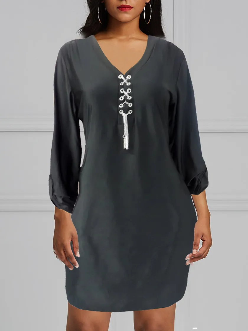 V-Button Neck Heart Chain Dress
