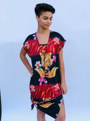 V NECK SIDE SLIT DRESS RED TIGER/HAWAIIAN FLORAL