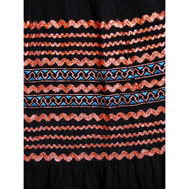 Vintage 1950s Patio Dress Black w Copper & Turquoise Embellishment 40-30-Free