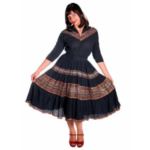 Vintage 1950s Patio Dress Black w Copper & Turquoise Embellishment 40-30-Free