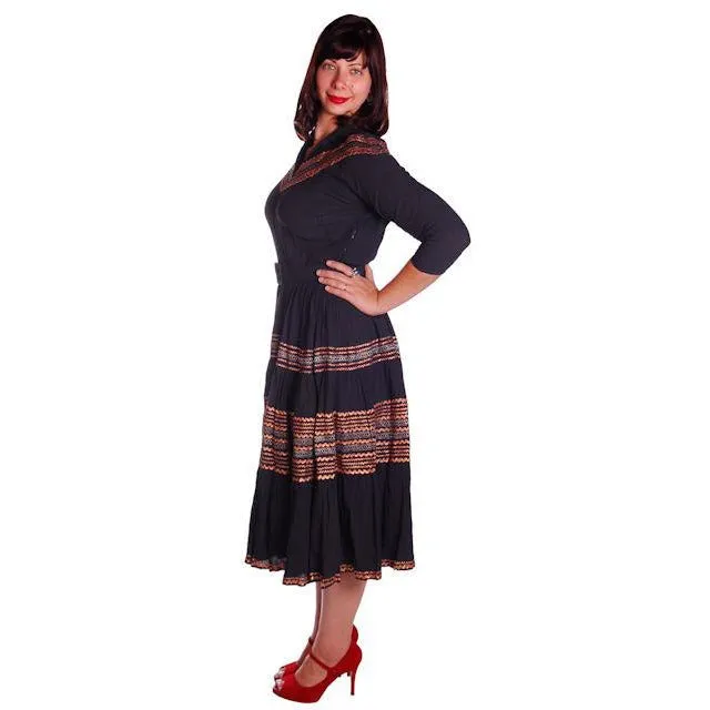 Vintage 1950s Patio Dress Black w Copper & Turquoise Embellishment 40-30-Free