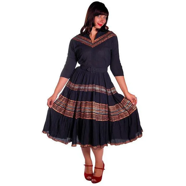 Vintage 1950s Patio Dress Black w Copper & Turquoise Embellishment 40-30-Free