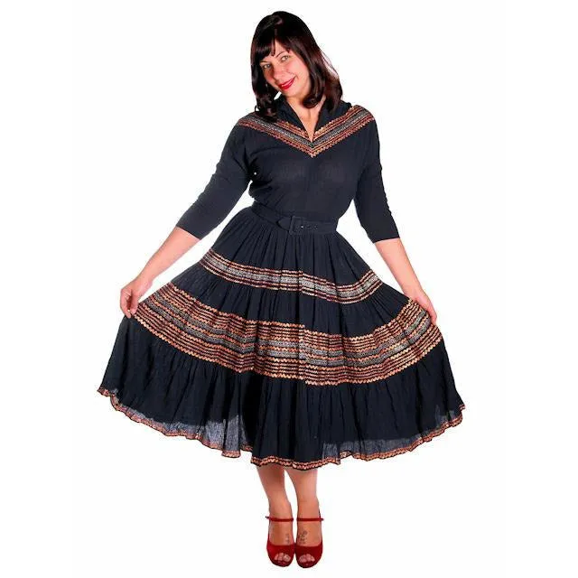 Vintage 1950s Patio Dress Black w Copper & Turquoise Embellishment 40-30-Free