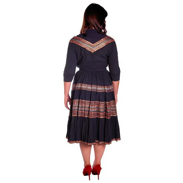 Vintage 1950s Patio Dress Black w Copper & Turquoise Embellishment 40-30-Free