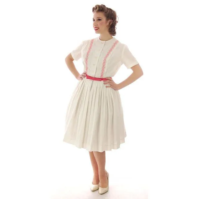 Vintage MCM Day Dress White  w/Pink Embroidery Bobbie Brooks 1950s 36-26-Free