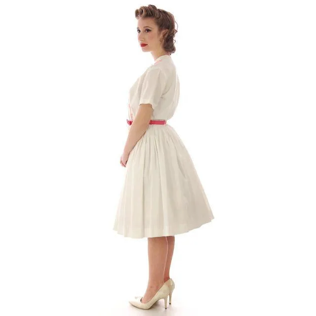 Vintage MCM Day Dress White  w/Pink Embroidery Bobbie Brooks 1950s 36-26-Free